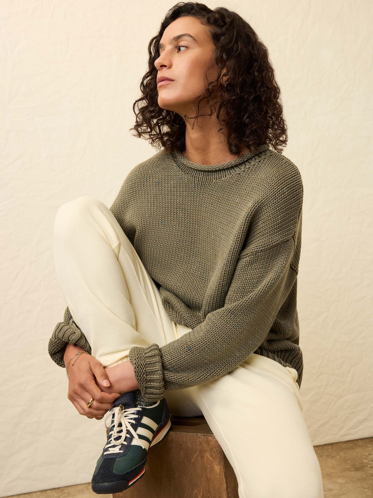 Sunwashed Cotton Roll Neck Sweater - Sage