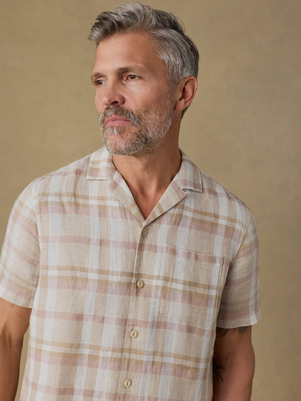 Short-Sleeve Palma Linen Camp Shirt - Mauve Sand Plaid